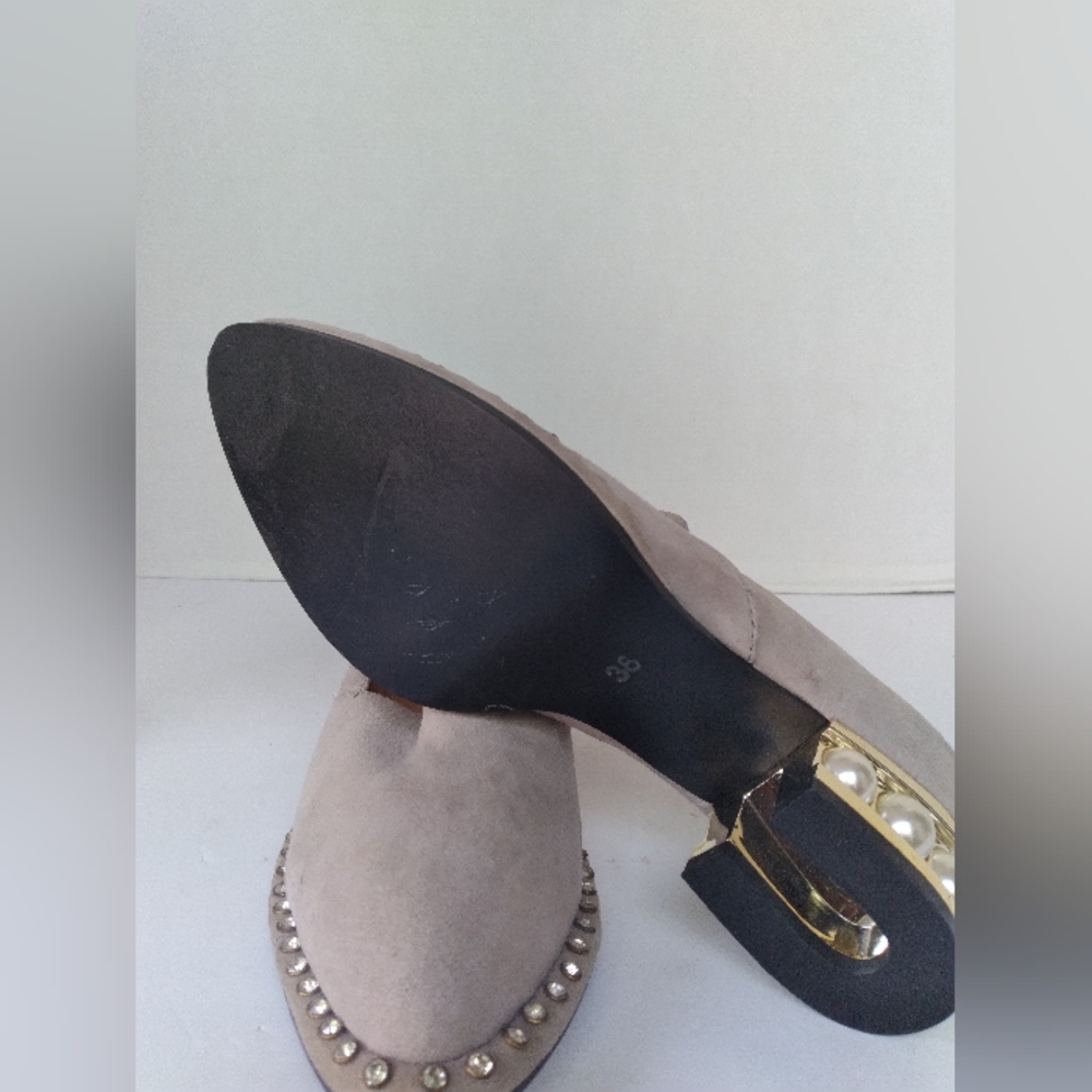 Designer Suede Loafers with Pearl-Studded Heel and Silver Trim Elegant Shoes - Picture 7 of 7